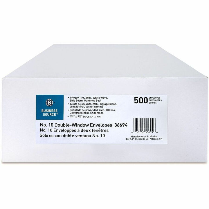 Image of Business Source Double Window Envelope,No. 10,9-1/2"x4-1/8",500/BX,White
