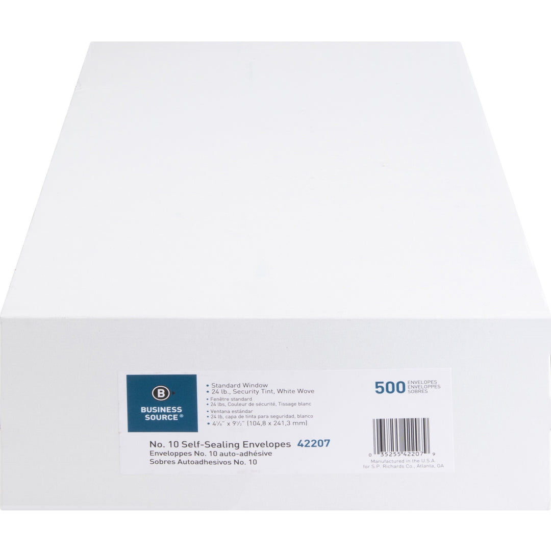 Image of Business Source Self-Seal Envelopes,No.10,Std.Window,4-1/2"x9-1/2",500/BX,WE