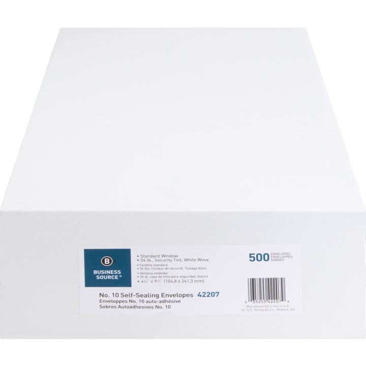 Image of Business Source Self-Seal Envelopes,No.10,Std.Window,4-1/2"x9-1/2",500/BX,WE