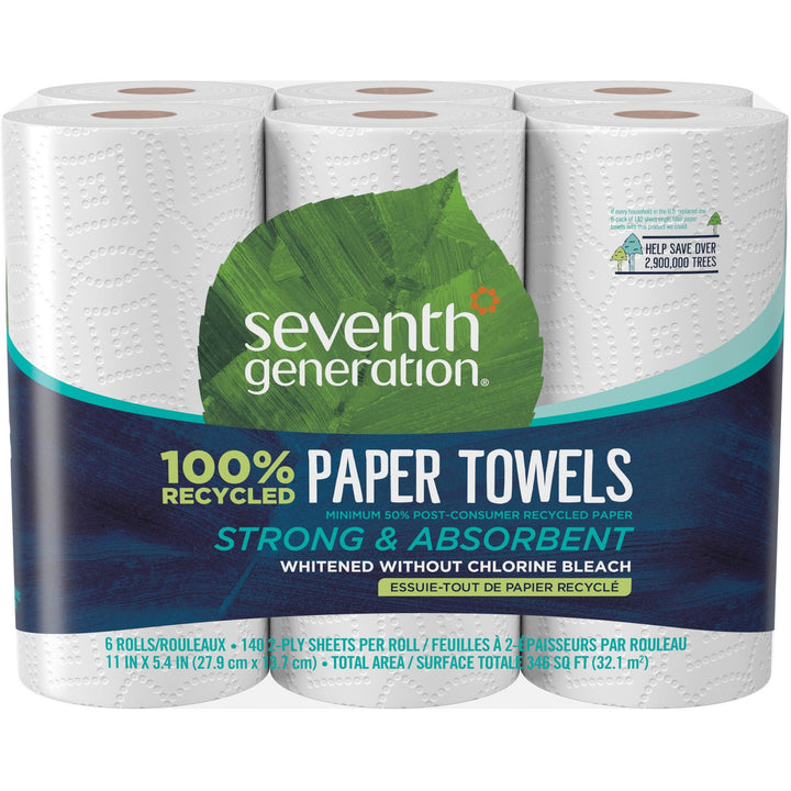 Image of Seventh Generation 13731 100% Recycled Paper Towels, 2 Ply, 11" W x 5.40" Length, 140 Sheets/Roll, White, Paper, 1 Pack