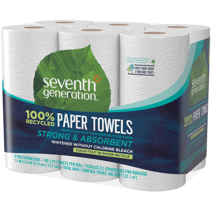 Image of Seventh Generation 13731 100% Recycled Paper Towels, 2 Ply, 11" W x 5.40" Length, 140 Sheets/Roll, White, Paper, 1 Pack