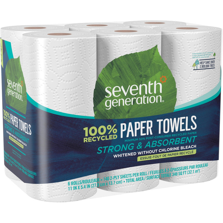 Image of Seventh Generation 13731 100% Recycled Paper Towels, 2 Ply, 11" W x 5.40" Length, 140 Sheets/Roll, White, Paper, 1 Pack