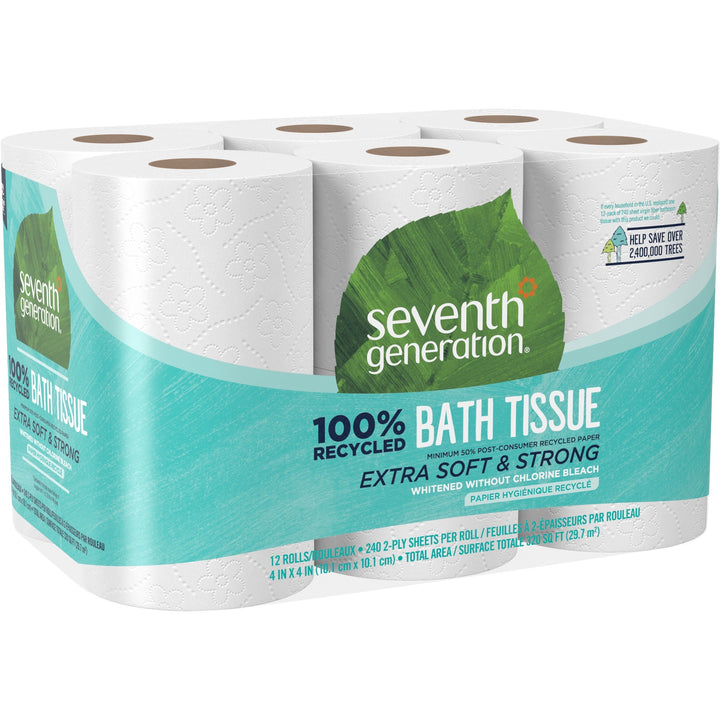 Image of Seventh Generation 13732 100% Recycled Bathroom Tissue, 2 Ply, 4" W x 4" Length, 240 Sheets/Roll, White, Paper, 1 Pack