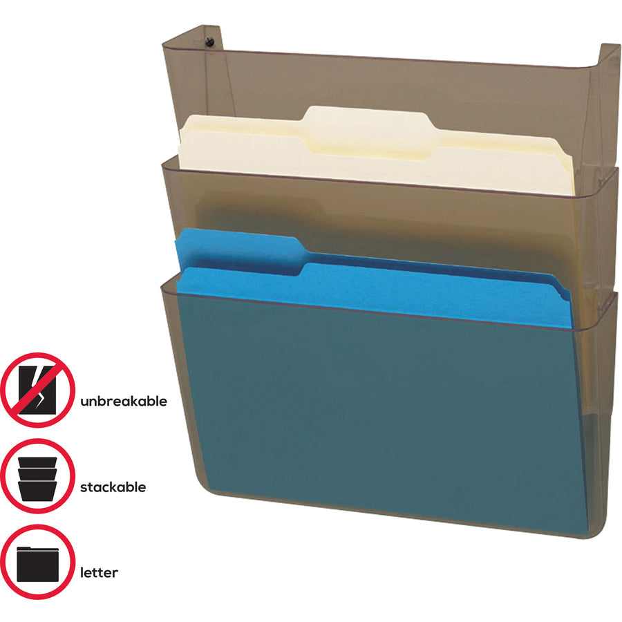 Image of deflecto® Wall Files, w/ Hardware, Ltr, 3-Pocket, 13"x4"x7", Smoke