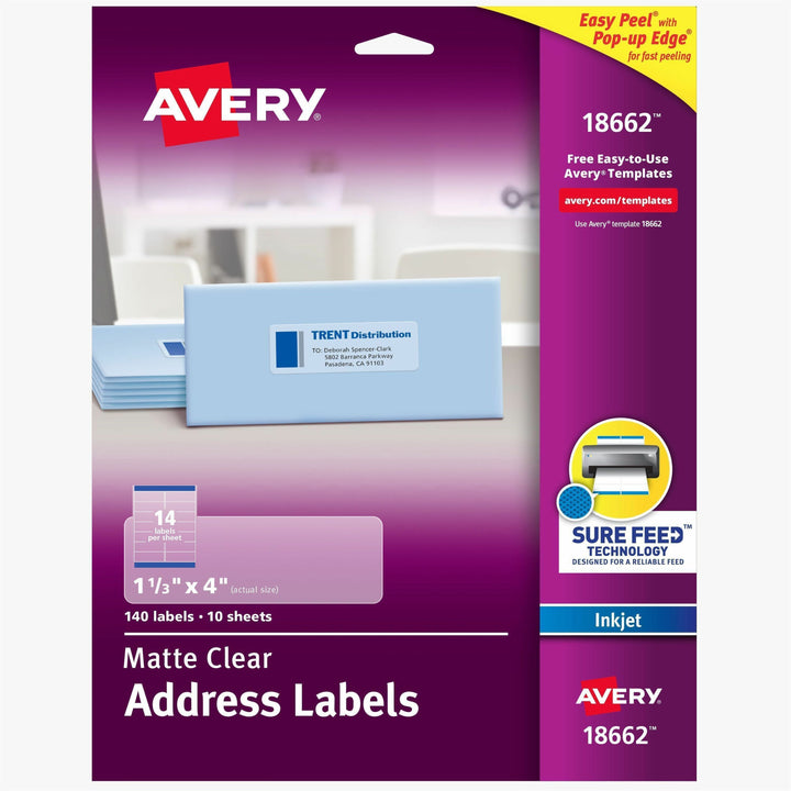 Image of Avery® Matte Clear Easy Peel Mailing Labels W/ Sure Feed Technology, Inkjet Printers, 1.33 X 4, Clear, 14/sheet, 10 Sheets/pack