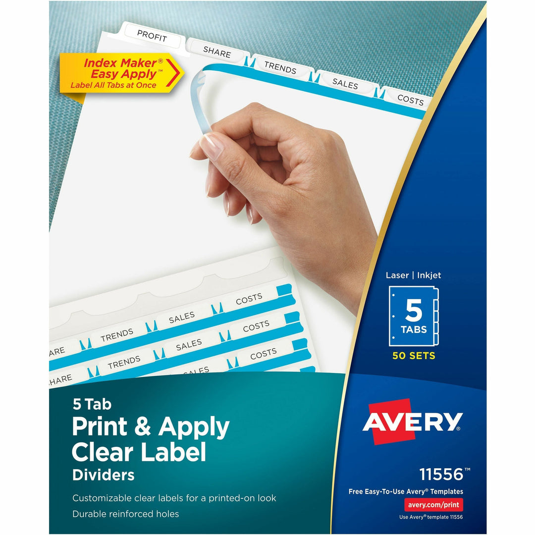 Image of Avery® Print and Apply Index Maker Clear Label Dividers, 5-Tab, White Tabs, 11 x 8.5, White, 50 Sets