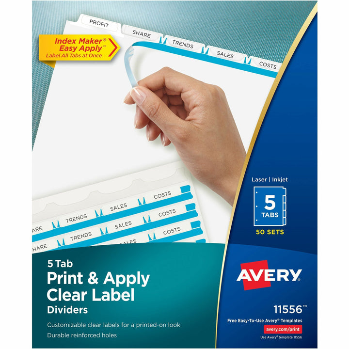 Image of Avery® Print and Apply Index Maker Clear Label Dividers, 5-Tab, White Tabs, 11 x 8.5, White, 50 Sets