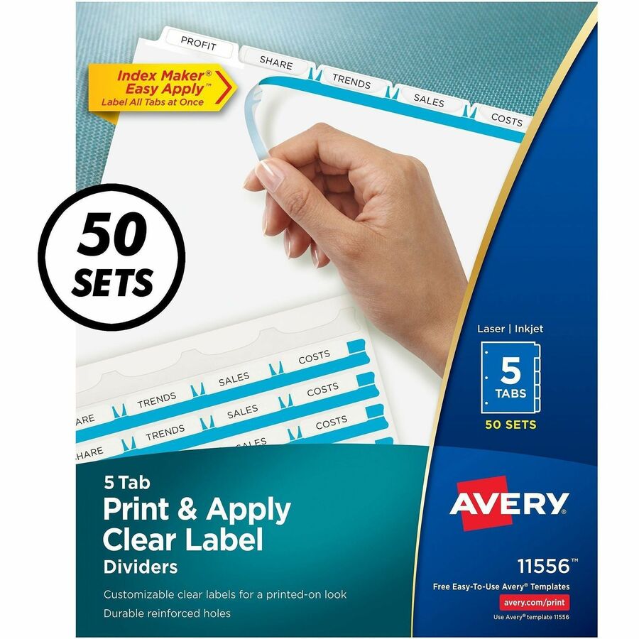 Image of Avery® Print and Apply Index Maker Clear Label Dividers, 5-Tab, White Tabs, 11 x 8.5, White, 50 Sets