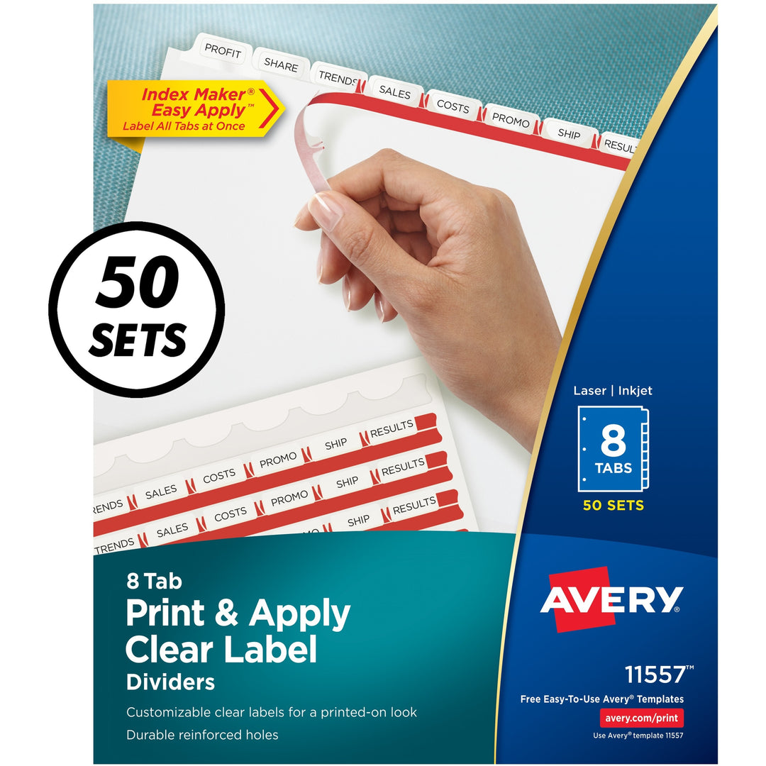 Image of Avery® Print and Apply Index Maker Clear Label Dividers, 8-Tab, 11 x 8.5, White, 50 Sets