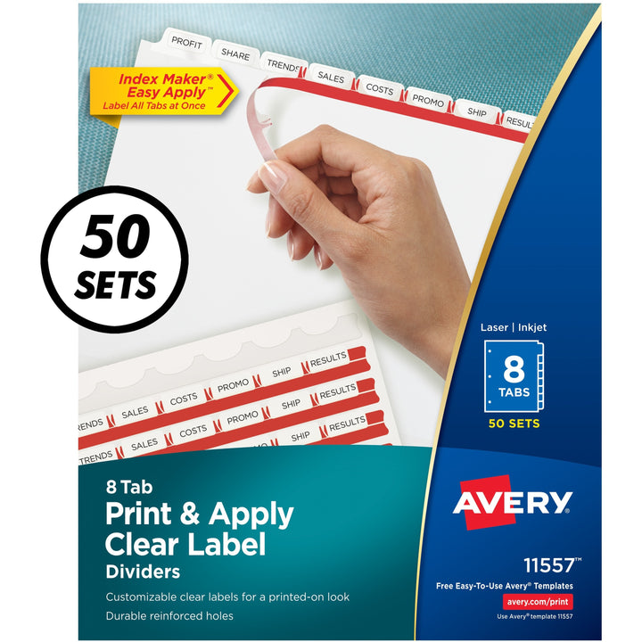 Image of Avery® Print and Apply Index Maker Clear Label Dividers, 8-Tab, 11 x 8.5, White, 50 Sets