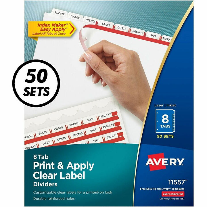 Image of Avery® Print and Apply Index Maker Clear Label Dividers, 8-Tab, 11 x 8.5, White, 50 Sets