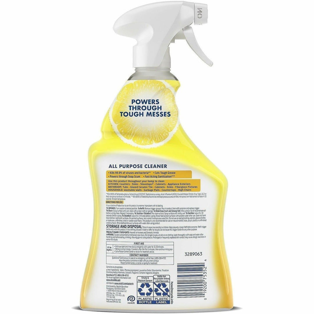Image of Lysol 75352 Lemon All Purpose Cleaner, Ready-To-Use, 32 fl oz (1 quart), Lemon Breeze Scent, Deodorize, Disinfectant, Yellow, 1 Each