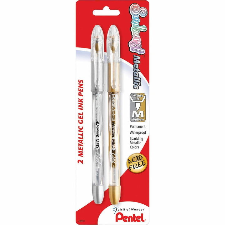 Image of Pentel® Gel Ink Pen, Roller Ball, Med Point, 2/PK, Gold/Silver