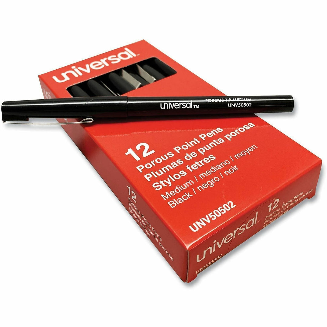 Image of Universal® Porous Point Pen, Stick, Medium 0.7 Mm, Black Ink, Black Barrel, Dozen
