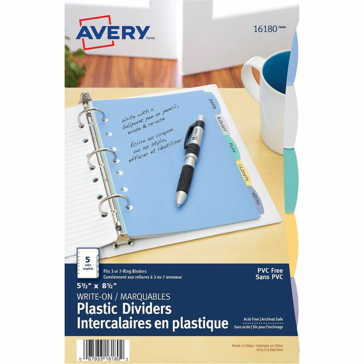 Image of Avery® Write On Dividers,Plastic,5-Tabs,7HP,8-1/2"x5-1/2",AST