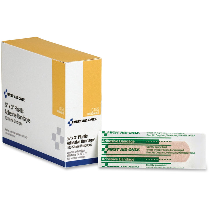Image of First Aid Only G155 Plastic Adhesive Bandages, 100, 0.75" W x 3" Length, White, Plastic, Vinyl, 1 Each