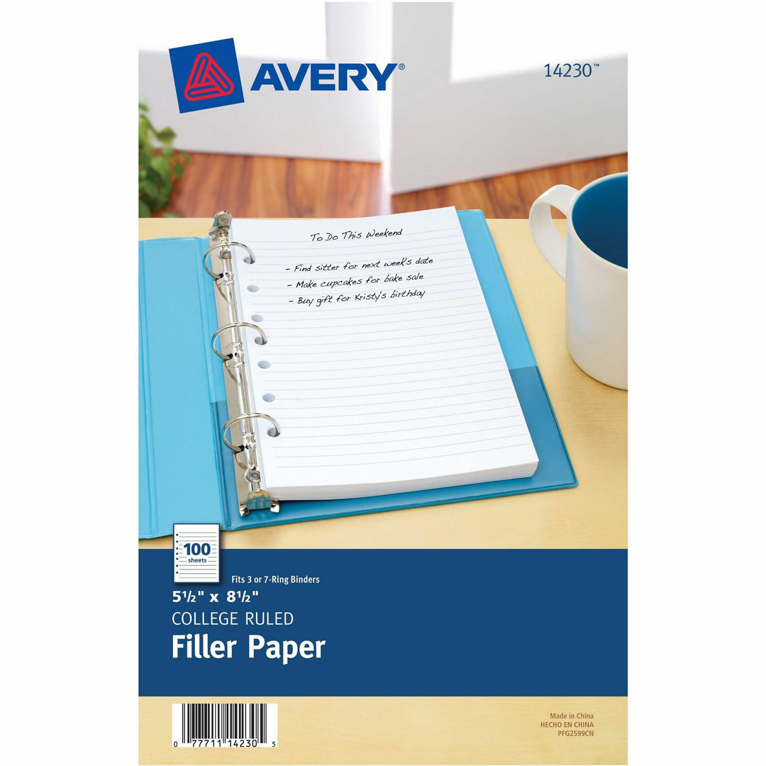 Image of Avery® Mini Size Binder Filler Paper, 7-Hole Side Punched, 5.5 x 8.5, College Rule, 100/Pack