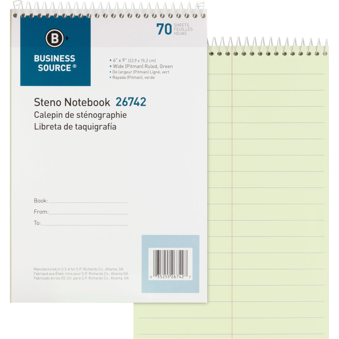 Image of Business Source Steno Notebooks, Pitman Ruled, 6"x9", 70 Shts, Green