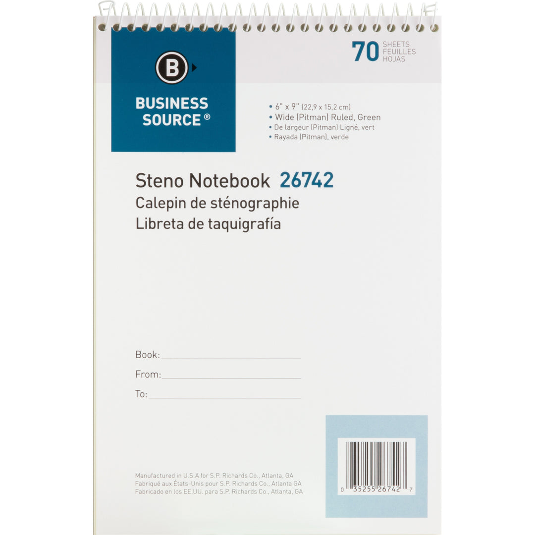 Image of Business Source Steno Notebooks, Pitman Ruled, 6"x9", 70 Shts, Green