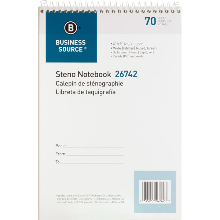 Image of Business Source Steno Notebooks, Pitman Ruled, 6"x9", 70 Shts, Green