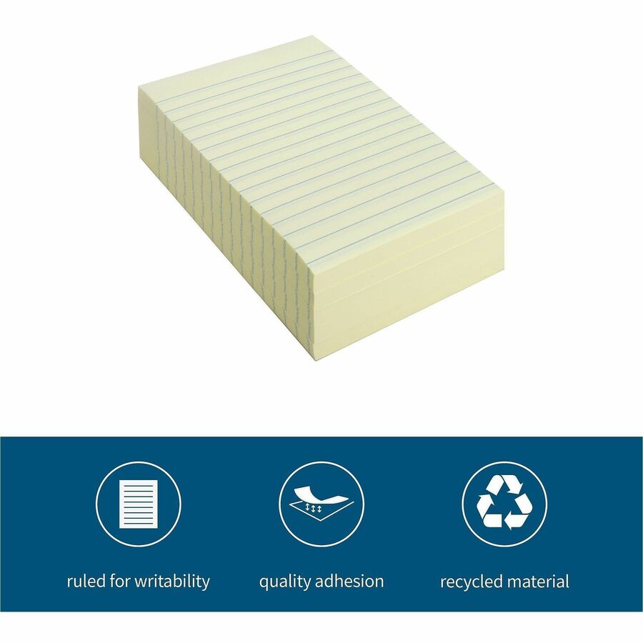 Image of Business Source Adhesive Note Pads, Recycled, Lined, 4"x6", 5/PK, Yellow