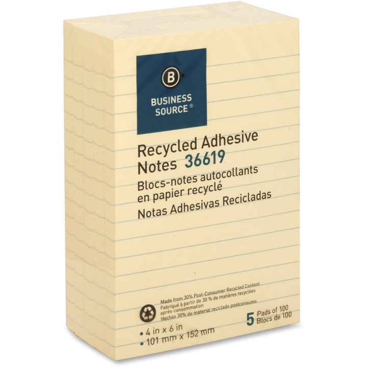 Image of Business Source Adhesive Note Pads, Recycled, Lined, 4"x6", 5/PK, Yellow