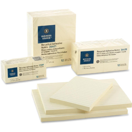 Image of Business Source Adhesive Note Pads, Recycled, Lined, 4"x6", 5/PK, Yellow