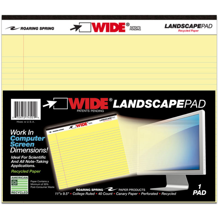 Image of Roaring Spring® Wide Landscape Format Writing Pad, Unpunched With Standard Back, Medium/college Rule, 40 Canary-Yellow 11 X 9.5 Sheets