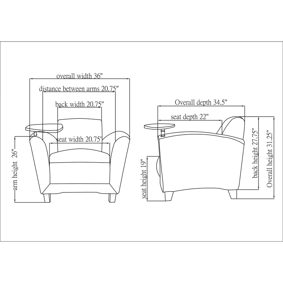 Image of Lorell Club Chair, w/Tablet, 36"x34-1/2"x31-1/4", Black Leather
