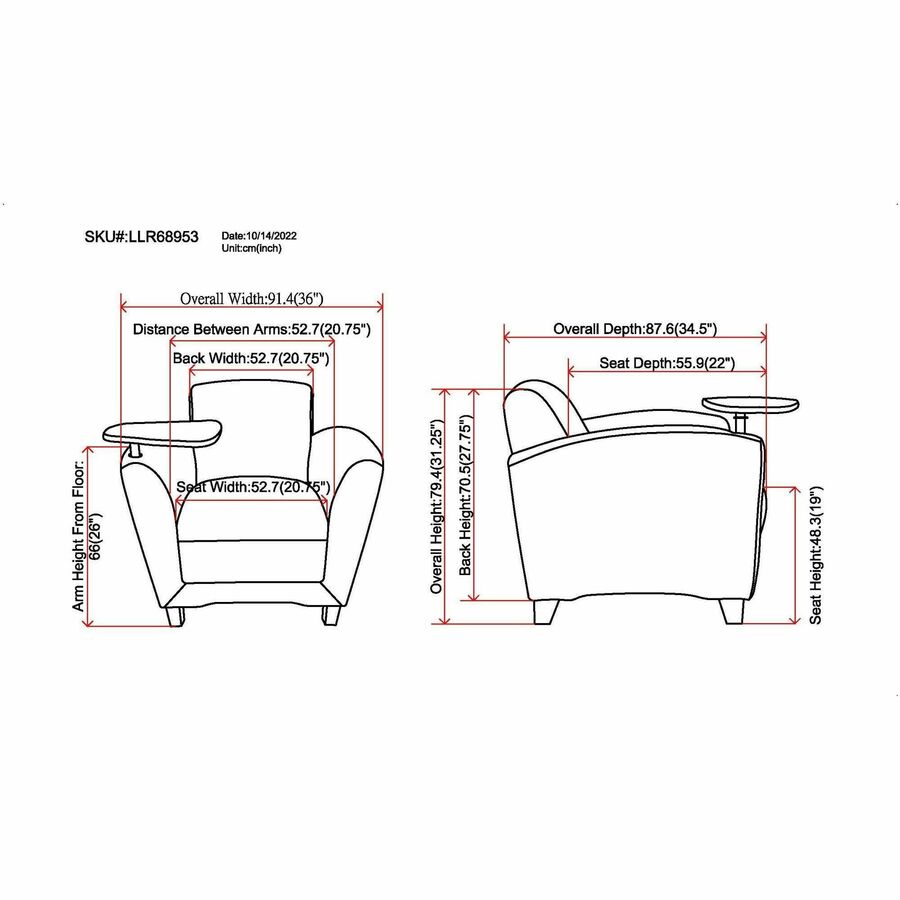Image of Lorell Club Chair, w/Tablet, 36"x34-1/2"x31-1/4", Black Leather