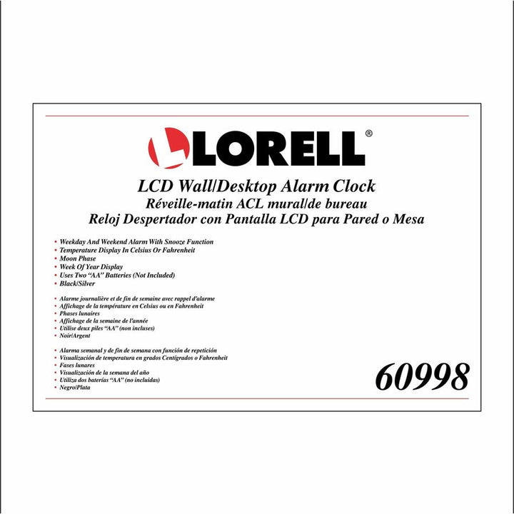 Image of Lorell Wall/Alarm Clock, LCD, 10-1/4W"x7"Hx1-1/2"D Lunar, Slvr/Blk