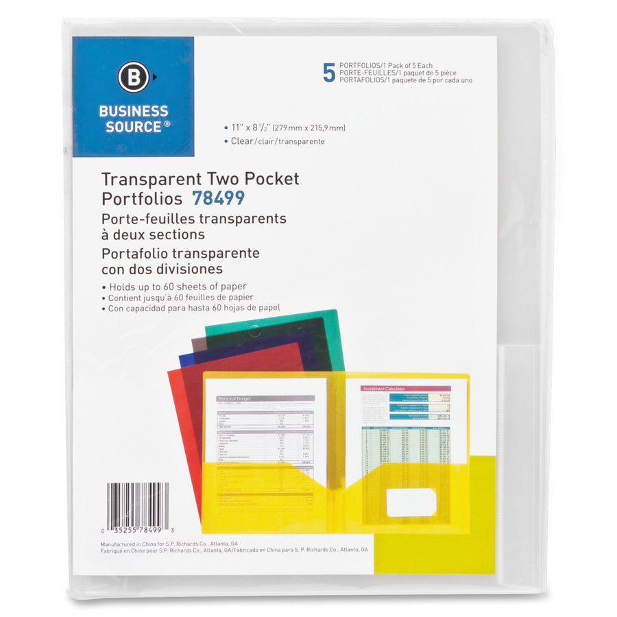 Image of Business Source 78498 Transparent 2-Pocket Portfolios, 8 1/2" x 11", 60 Sheets Capacity, 2 Pocket, Poly, Clear, 5 / Pack
