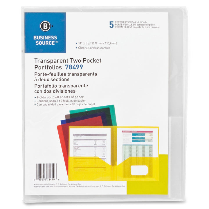 Image of Business Source 78498 Transparent 2-Pocket Portfolios, 8 1/2" x 11", 60 Sheets Capacity, 2 Pocket, Poly, Clear, 5 / Pack