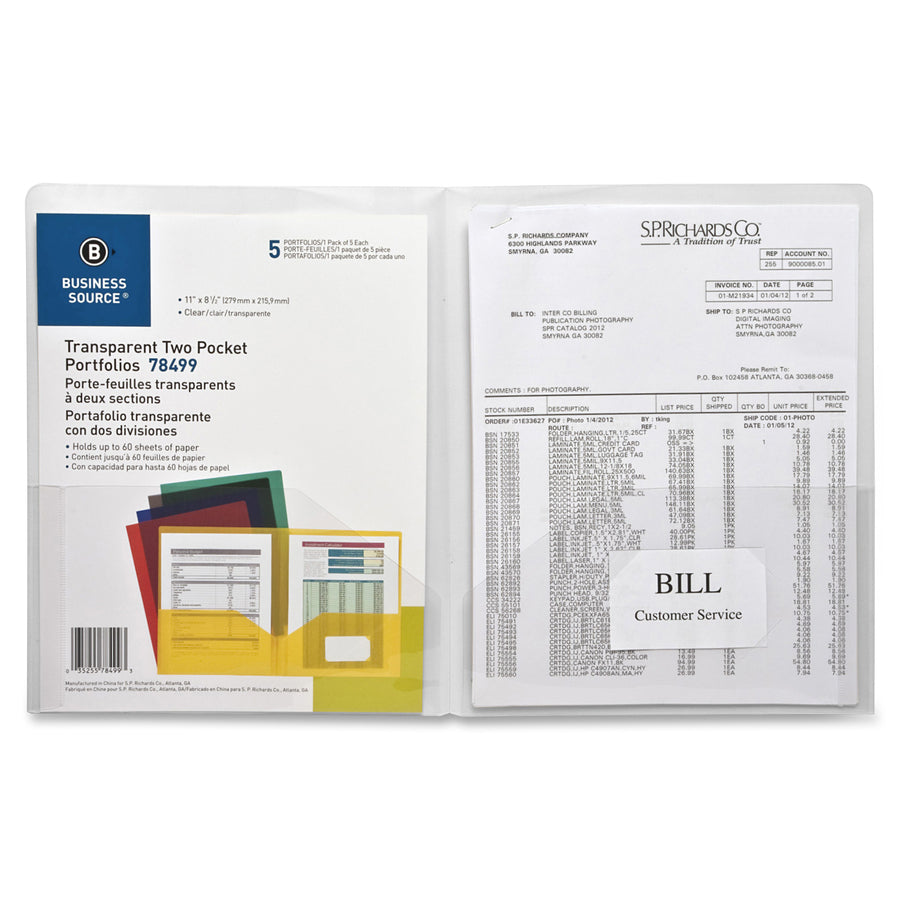 Image of Business Source 78498 Transparent 2-Pocket Portfolios, 8 1/2" x 11", 60 Sheets Capacity, 2 Pocket, Poly, Clear, 5 / Pack