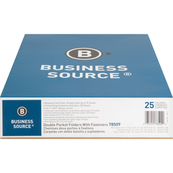 Image of Business Source 2-Pocket Folders, 100 Sh Cap, Ltr, 9-1/2"x11", 25/BX, GN
