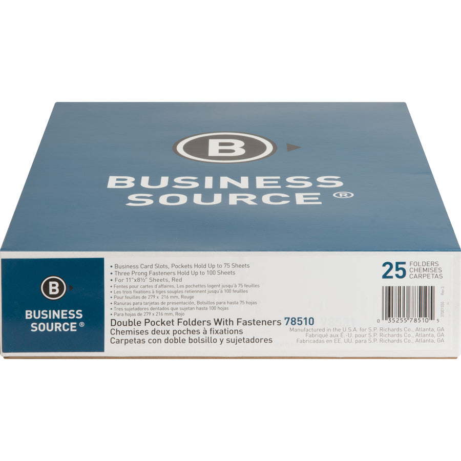 Image of Business Source 2-Pocket Folders, 100 Sh Cap, Ltr, 9-1/2"x11", 25/BX, RD
