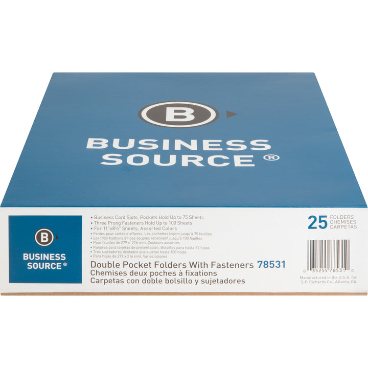 Image of Business Source 2-Pocket Folders, 100 Sh Cap, Ltr, 9-1/2"x11", 25/BX, AST