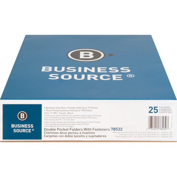 Image of Business Source 2-Pocket Folders, 100 Sh Cap, Ltr, 9-1/2"x11", 25/BX, BK