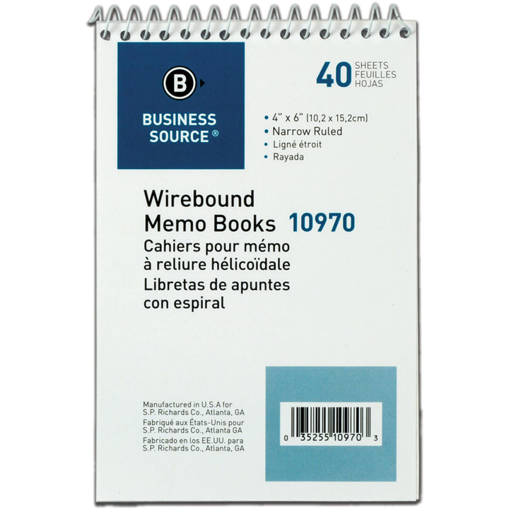 Image of Business Source Wirebound Memo Book,End Opening,Wire,4"x6",40Shts,White
