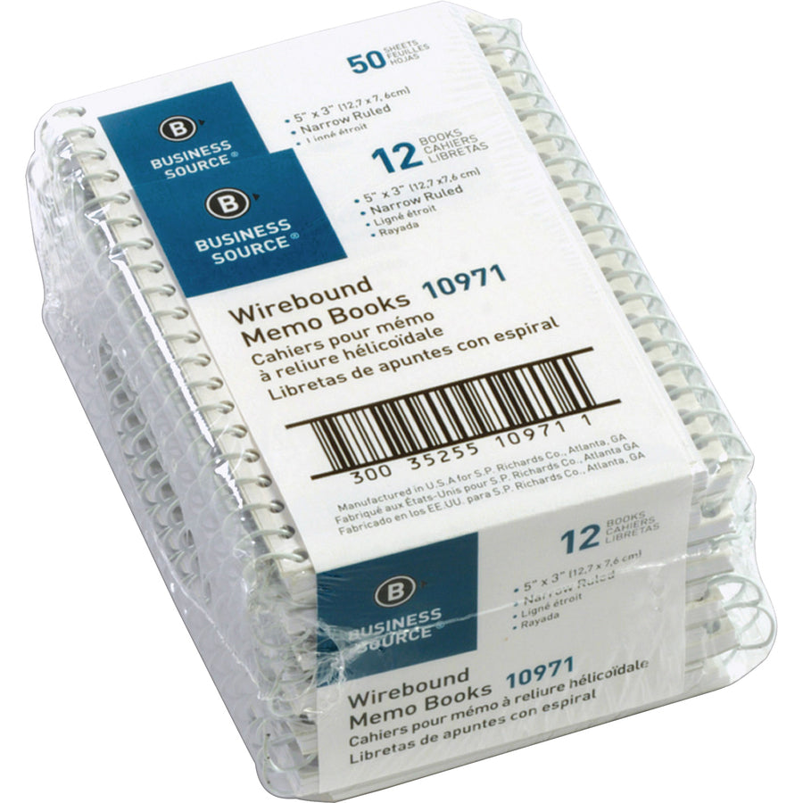 Image of Business Source Wirebound Memo Books, Narrow Ruled, 50 Shts, 5"x3", White