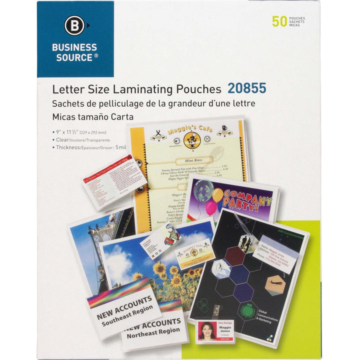 Image of Business Source Laminating Pouches, Letter, 5Mil, 9"x11-1/2", 50/BX, Clear