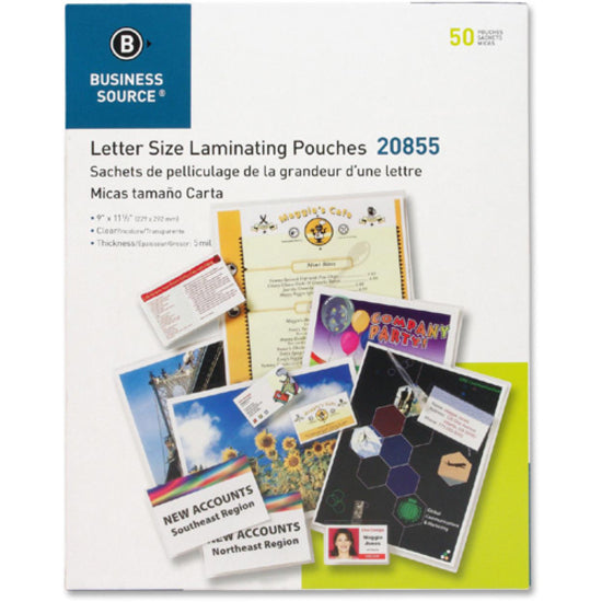 Image of Business Source Laminating Pouches, Letter, 5Mil, 9"x11-1/2", 50/BX, Clear