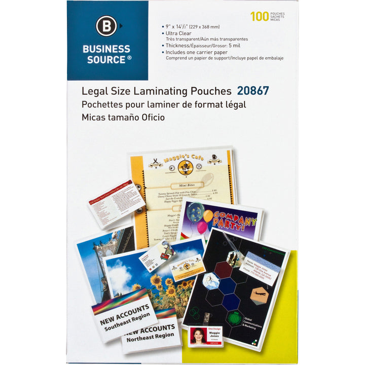 Image of Business Source Laminating Pouch, Lgl, 5Mil, 9"x14-1/2", 100/BX, Clear