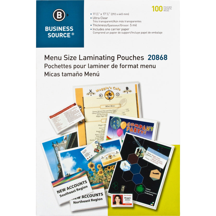 Image of Business Source Laminating Pouch, Menu, 11-1/2"x17-1/2", 5Mil, 100/BX, Clear