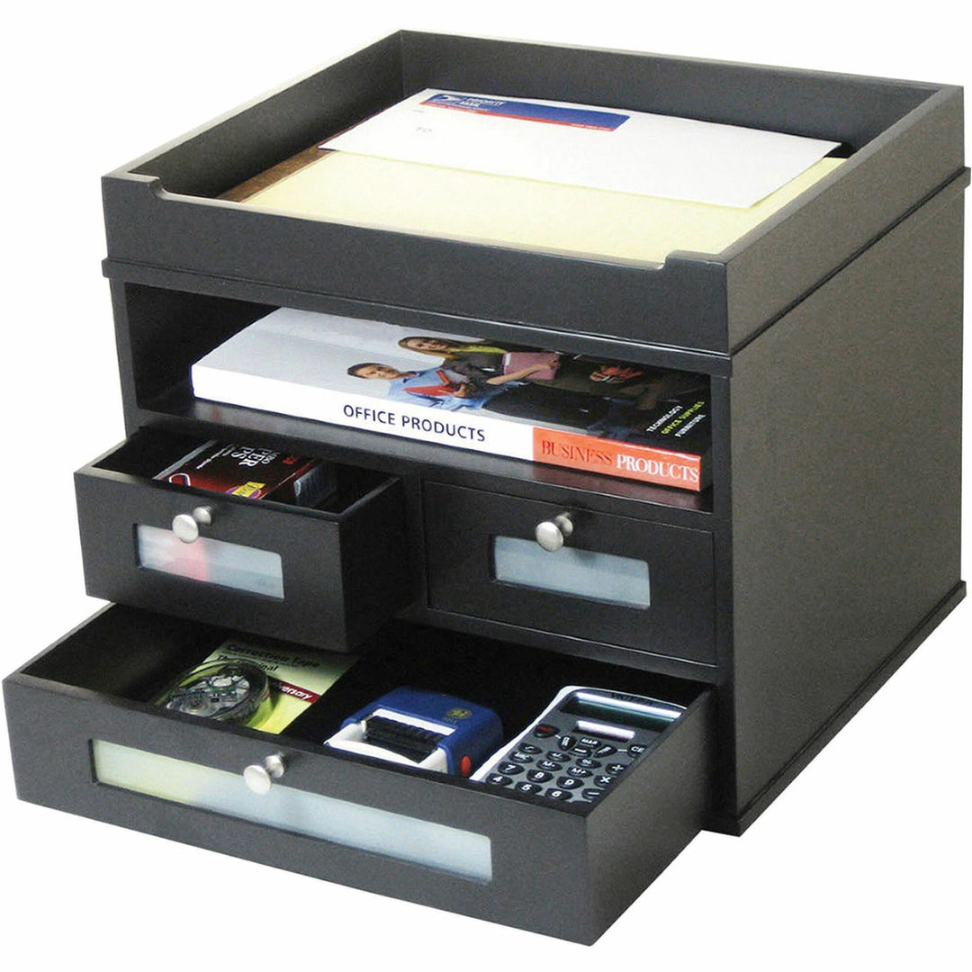 Image of Victor® Midnight Black Collection Tidy Tower, 5 Compartments, 3 Drawers, 12.8 x 10.6 x 10.9, Black