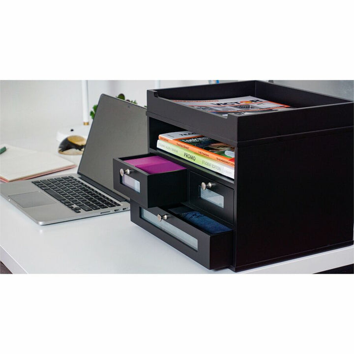 Image of Victor® Midnight Black Collection Tidy Tower, 5 Compartments, 3 Drawers, 12.8 x 10.6 x 10.9, Black