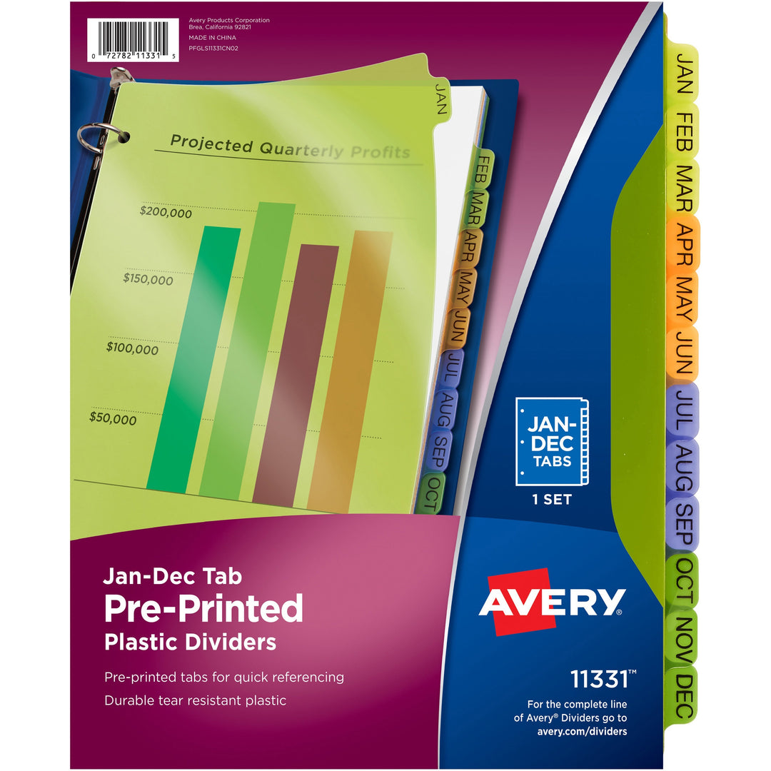 Image of Avery® Durable Preprinted Plastic Tab Dividers, 12-Tab, Jan. To Dec., 11 X 8.5, Assorted, 1 Set