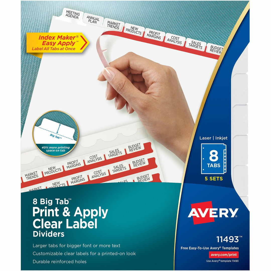 Image of Avery® Print and Apply Index Maker Clear Label Dividers, Big Tab, 8-Tab, 11 x 8.5, White, 5 Sets