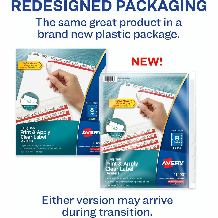 Image of Avery® Print and Apply Index Maker Clear Label Dividers, Big Tab, 8-Tab, 11 x 8.5, White, 5 Sets