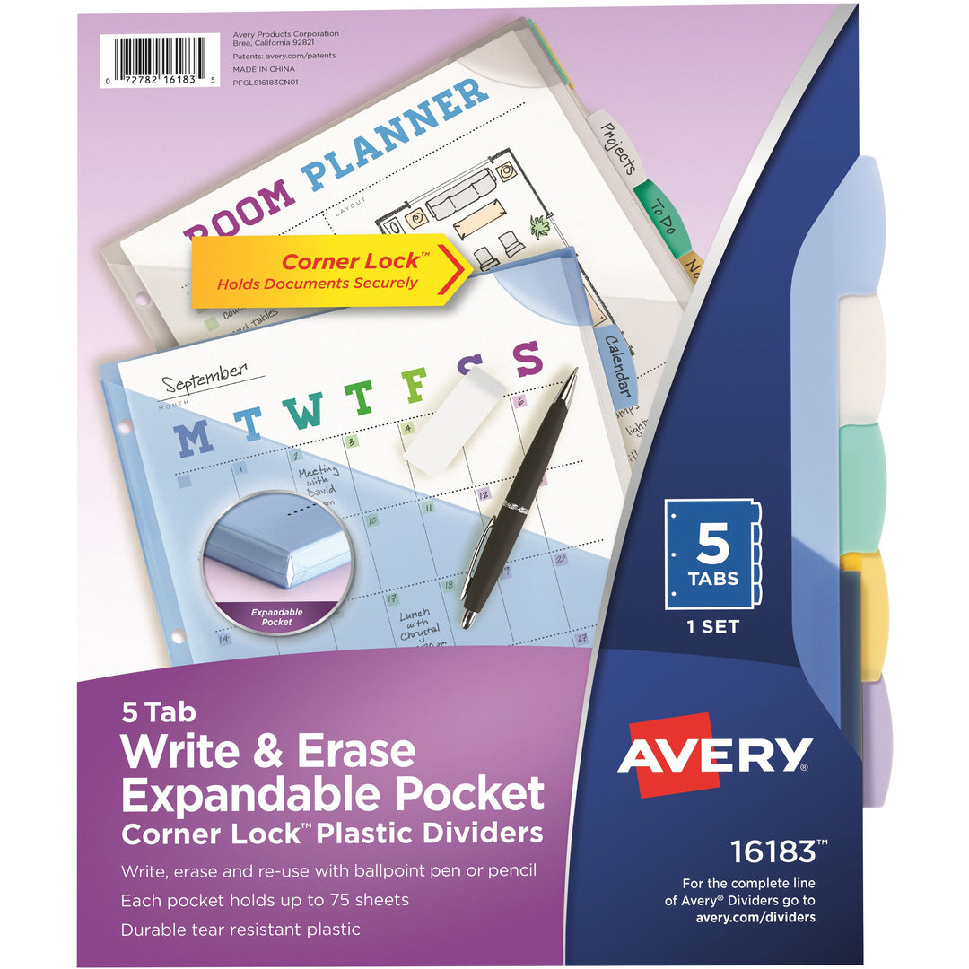 Image of Avery® 16183 Corner Lock Write & Erase Plastic Dividers with Expandable Pockets
